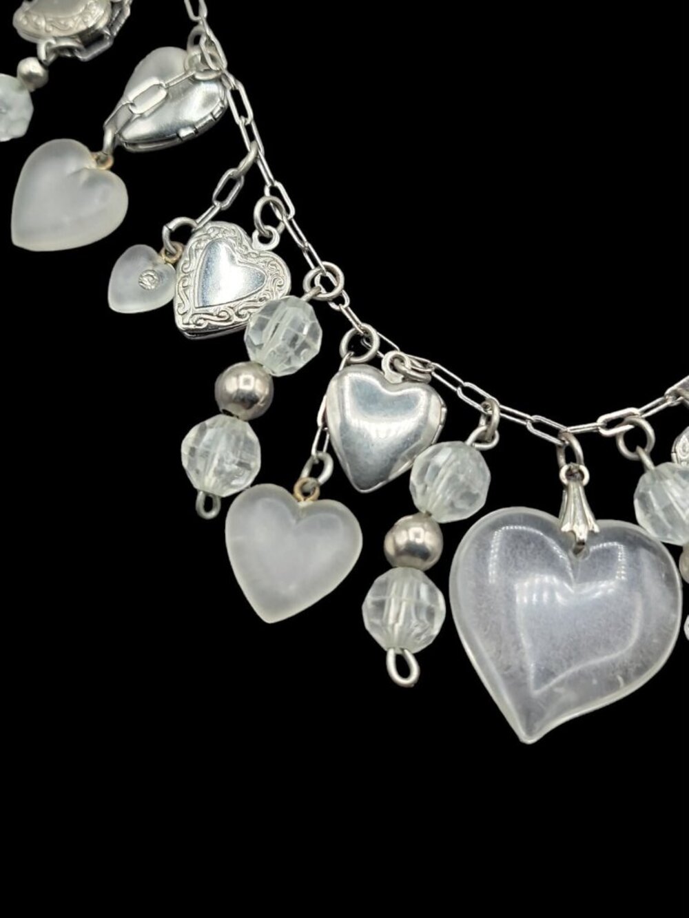 Love Choker Necklace 16" Frost Glass 8 Silver Plated Double Photo Locket Charms - Picture 14 of 15